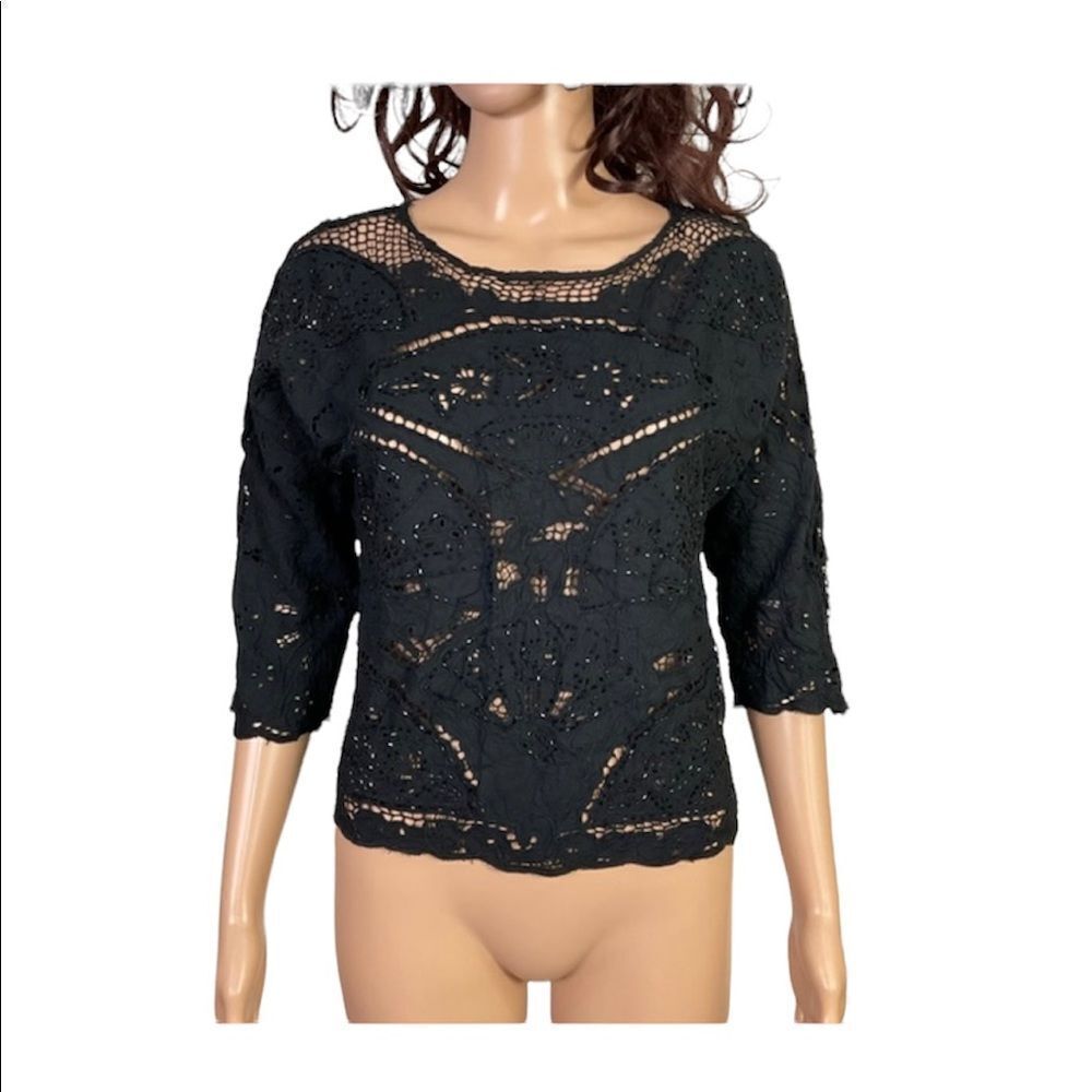 Faith Resortwear Black Lace Sequins 3/4 Sleeve Shirt Coverup S